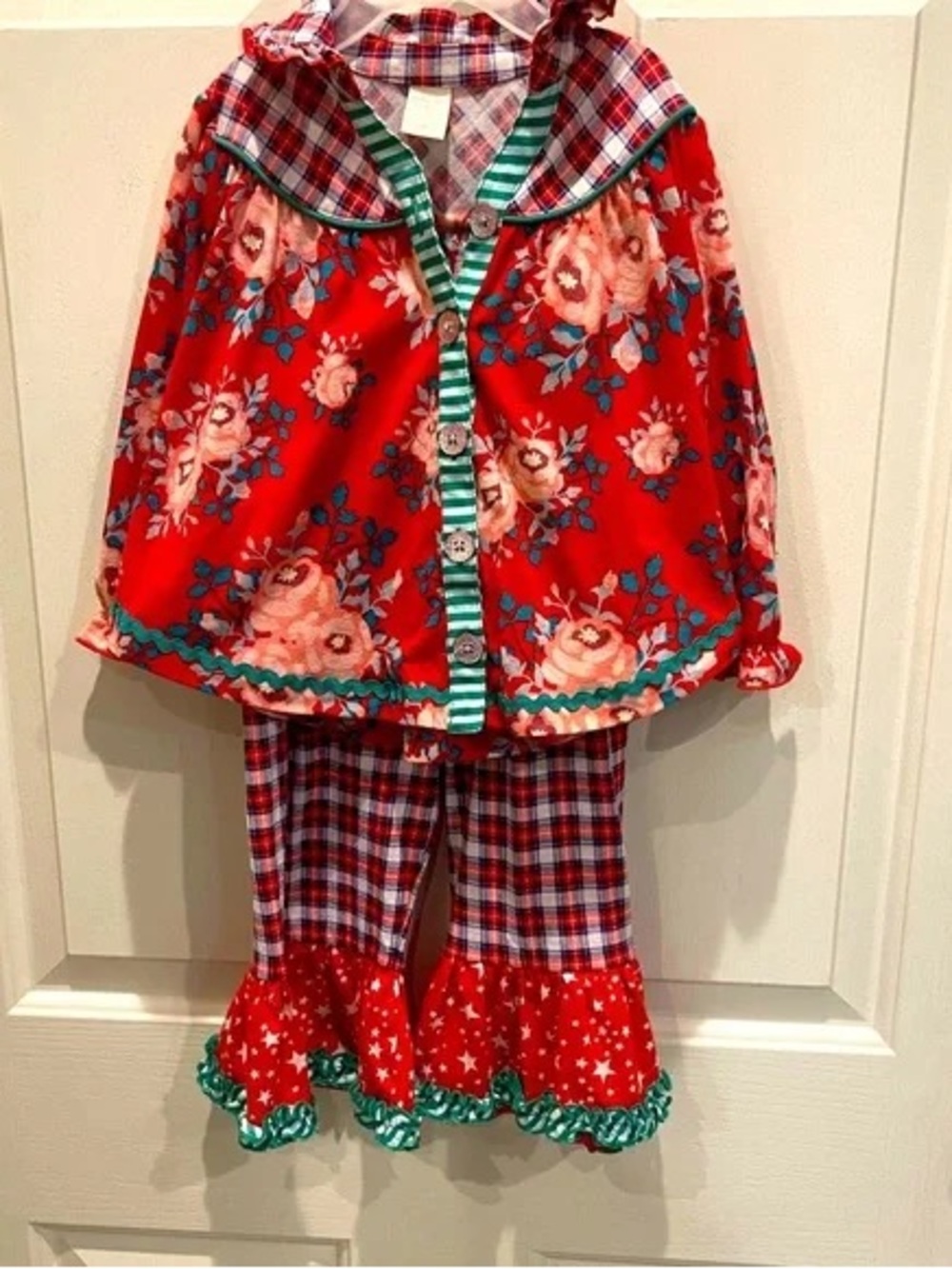 Matilda Jane Holiday PJ Red Floral & Plaid Pajama Set with Green Trim